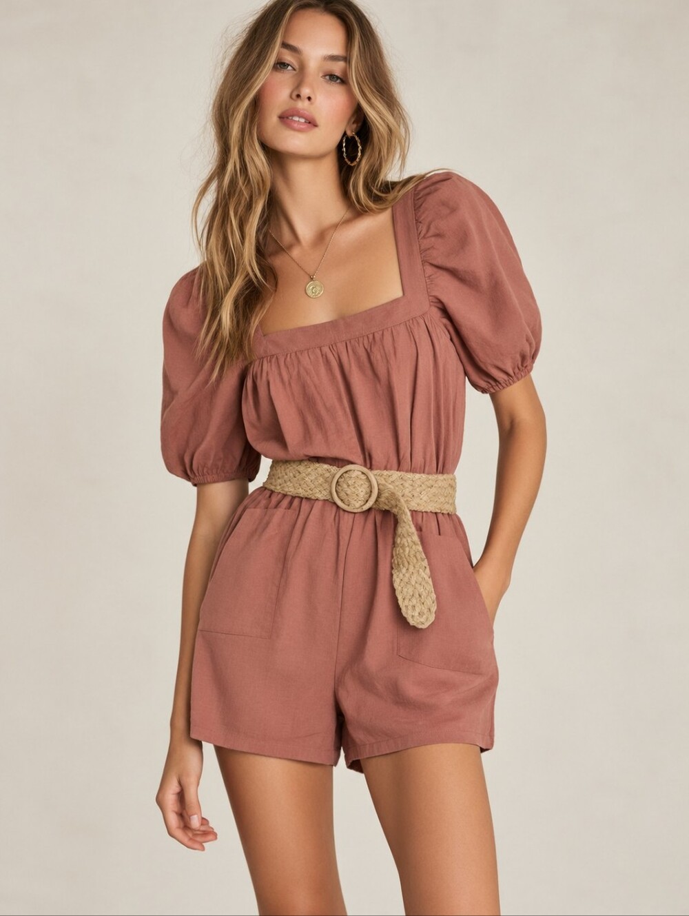H&M Women's Boho Rust Puff-Sleeve Romper with Braided Belt Size M